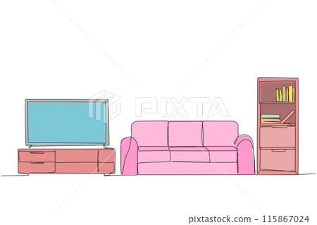 Single continuous line drawing stylish room with full furniture modern. Huge television as a means of entertainment. A relaxing place to spend time on weekends. One line design vector illustration Single continuous line drawing stylish room with full furniture modern. Huge television as a means of entertainment. A relaxing place to spend time on weekends. One line design vector illustration 115867024