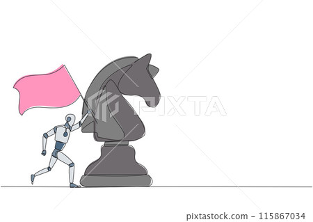 Single one line drawing smart robot future technology running and holding flag beside big horse knight chess. Business achievement goal, metaphor concept. Continuous line design graphic illustration 115867034
