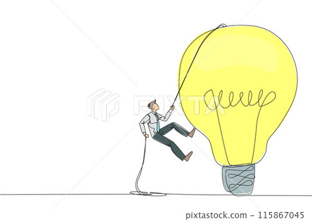 Continuous one line drawing businessman climbing lightbulb with rope. Trying to reach high places to get useful fresh ideas. For the company's benefit. Single line draw design vector illustration 115867045