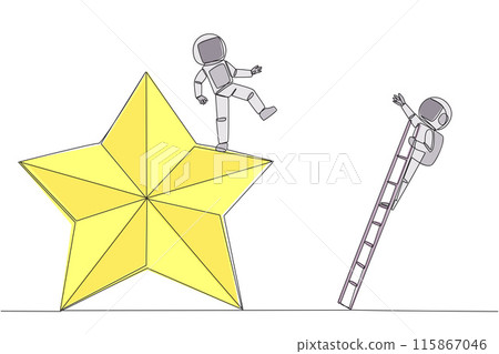 Continuous one line drawing astronaut kicks opponent who is climbing the star with the ladder. Dropping opponents from achieving the same dream. The rival. Single line draw design vector illustration 115867046