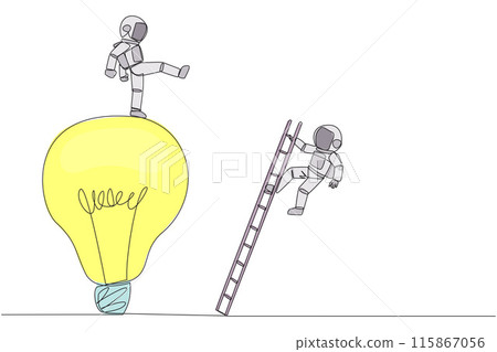 Single continuous line drawing astronaut kicks opponent who climbing the lightbulb with a ladder. Dropping colleague because don't have bright ideas. The traitor. One line design vector illustration 115867056