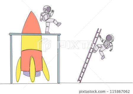 Single continuous line drawing astronaut kicks opponent who climbing the rocket with ladder. Failure to open new business. Cheated by business friend. The traitor. One line design vector illustration Single continuous line drawing astronaut kicks opponent who climbing the rocket with ladder. Failure to open new business. Cheated by business friend. The traitor. One line design vector illustration 115867062