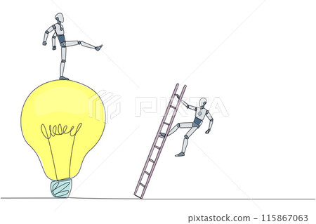 Single one line drawing smart robot kicks opponent who climbing the lightbulb with a ladder. Dropping colleague because don't have bright ideas. Traitor. Continuous line design graphic illustration Single one line drawing smart robot kicks opponent who climbing the lightbulb with a ladder. Dropping colleague because don't have bright ideas. Traitor. Continuous line design graphic illustration 115867063