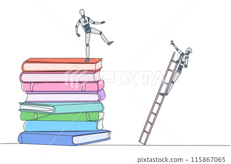 Continuous one line drawing smart robot kicks opponent who climbing a pile of books with a ladder. Failed to gain access to profitable business principles. Single line draw design vector illustration Continuous one line drawing smart robot kicks opponent who climbing a pile of books with a ladder. Failed to gain access to profitable business principles. Single line draw design vector illustration 115867065