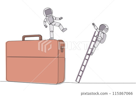 Continuous one line drawing astronaut kicks opponent who climbing the briefcase with a ladder. Keep away from intruders who disturb business trips. Rival. Single line draw design vector illustration Continuous one line drawing astronaut kicks opponent who climbing the briefcase with a ladder. Keep away from intruders who disturb business trips. Rival. Single line draw design vector illustration 115867066