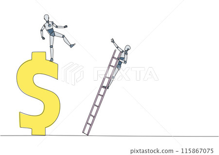 Single continuous line drawing smart robot kicks the rival who is climbing a dollar symbol with ladder. Unhealthy competition. Using rough methods to bring down. One line design vector illustration 115867075