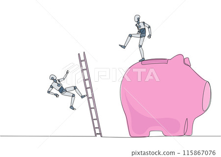Continuous one line drawing robot kicks opponent who is climbing piggy bank with stair. Bringing down opponents so don't have any investment in the future. Single line draw design vector illustration Continuous one line drawing robot kicks opponent who is climbing piggy bank with stair. Bringing down opponents so don't have any investment in the future. Single line draw design vector illustration 115867076