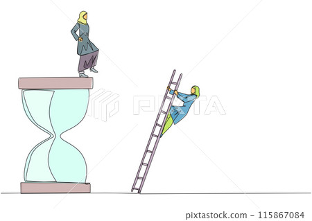 Continuous one line drawing Arab businesswoman kicks opponent who climbs hourglass with ladder. Not able to complete deadlines well. Dropped roughly. Rival. Single line draw design vector illustration Continuous one line drawing Arab businesswoman kicks opponent who climbs hourglass with ladder. Not able to complete deadlines well. Dropped roughly. Rival. Single line draw design vector illustration 115867084