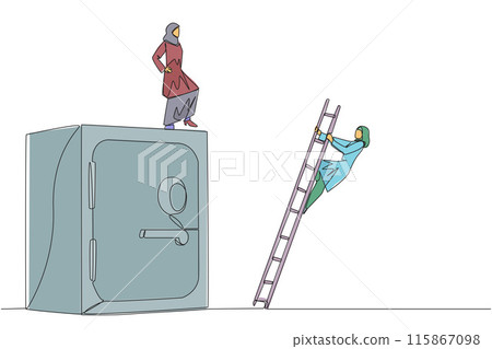 Single one line drawing Arab businesswoman kicks opponent who climbs safe deposit box with ladder. Dropped roughly. Unable to save important files. Rival. Continuous line design graphic illustration Single one line drawing Arab businesswoman kicks opponent who climbs safe deposit box with ladder. Dropped roughly. Unable to save important files. Rival. Continuous line design graphic illustration 115867098