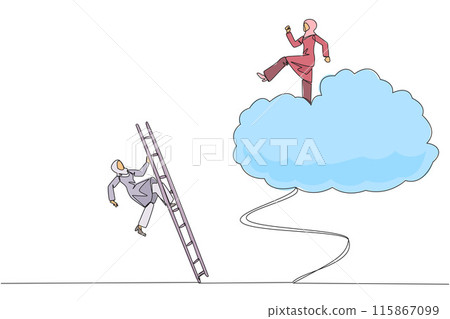 Single continuous line drawing Arabian businesswoman kicks rival who climbs cloud with ladder. Perfect achievement in business. Bring down competitors in any way. One line design vector illustration Single continuous line drawing Arabian businesswoman kicks rival who climbs cloud with ladder. Perfect achievement in business. Bring down competitors in any way. One line design vector illustration 115867099