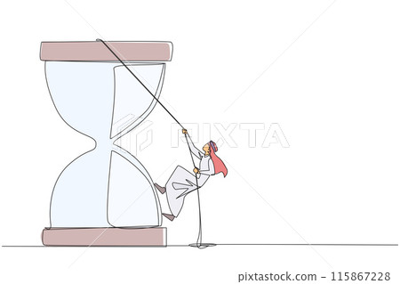 Single continuous line drawing Arab businessman climbs hourglass with rope. The countdown is set. Deadline is coming soon. Time management must be good. Work smart. One line design vector illustration 115867228