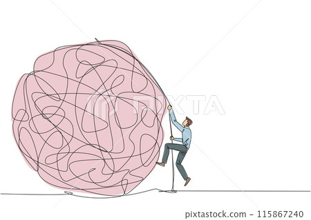 Single continuous line drawing businessman climbs heavy mess circle with the rope. Trying to lay anxiety at the feet. For clarity of thought. Smart work hard. One line design vector illustration 115867240