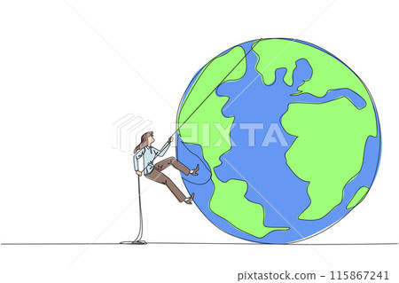 Single one line drawing businesswoman climbing the globe with rope. Trying dominate world with massive business expansion. Success reach top of the world. Continuous line design graphic illustration 115867241