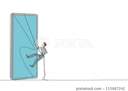 Single continuous line drawing businessman climbing smartphone with rope. Improve business relationships. Massively contact old friends. Connected to each other. One line design vector illustration 115867242