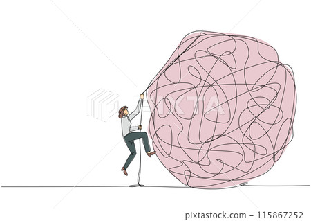 Continuous one line drawing businesswoman climbs heavy mess circle with rope. Trying to lay anxiety at the feet. For clarity of thought. Smart work hard. Single line draw design vector illustration 115867252