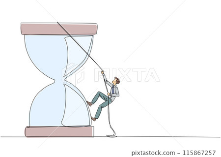Single one line drawing businessman climbs hourglass with rope. The countdown is set. Deadline is coming soon. Time management must be good. Work smart. Continuous line design graphic illustration 115867257