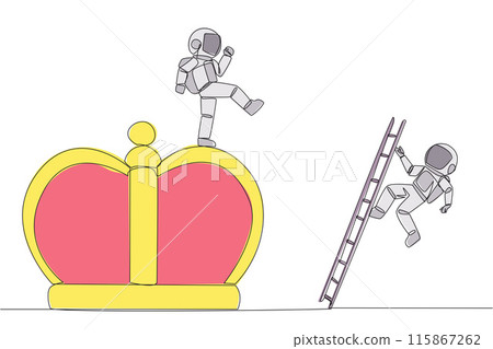 Single one line drawing astronaut kicks opponent who is climbing the crown with a ladder. Making rivals fall from the business glory. Unhealthy competition. Continuous line design graphic illustration 115867262