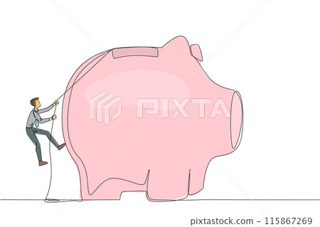Single one line drawing businessman climbing piggy bank with rope. Entrepreneur working hard to make investments preparing for retirement. Smart worker. Continuous line design graphic illustration 115867269