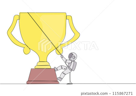 Single continuous line drawing young astronaut climbing the trophy with rope. Expanding branding by winning many awards. Connecting relationships. Smart work hard. One line design vector illustration Single continuous line drawing young astronaut climbing the trophy with rope. Expanding branding by winning many awards. Connecting relationships. Smart work hard. One line design vector illustration 115867271
