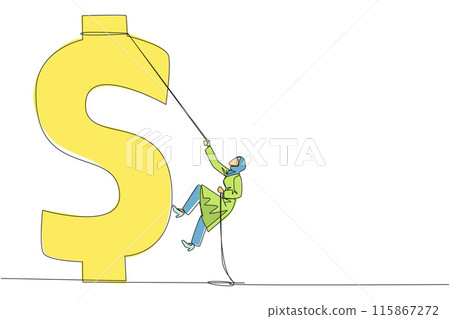 Single continuous line drawing Arab businesswoman climbs dollar symbol with rope. Looking for extra money because of high needs. Smart work combined with hard work. One line design vector illustration Single continuous line drawing Arab businesswoman climbs dollar symbol with rope. Looking for extra money because of high needs. Smart work combined with hard work. One line design vector illustration 115867272