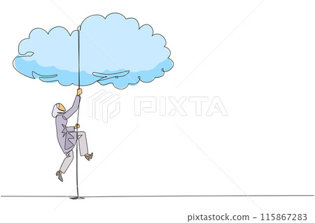 Single one line drawing Arab businesswoman climbing clouds with rope. A metaphor for hanging dreams sky high. Ultimate success. Hard worker. Work smarter. Continuous line design graphic illustration 115867283