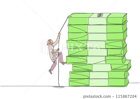Continuous one line drawing Arabian businesswoman climbs stack of banknotes with rope. Hard worker raise capital to create new business. For better future life. Single line design vector illustration 115867284