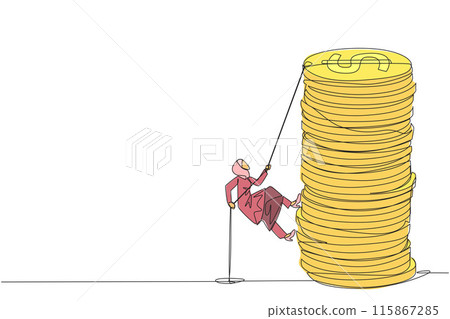 Single continuous line drawing Arab businesswoman climbs stack of coins with rope. Entrepreneur trying hard climbing the rope to reach top of coins. Better future. One line design vector illustration Single continuous line drawing Arab businesswoman climbs stack of coins with rope. Entrepreneur trying hard climbing the rope to reach top of coins. Better future. One line design vector illustration 115867285