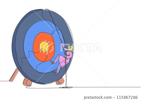 Continuous one line drawing Arab businesswoman climbs arrow board target with rope. Struggle very persistently to achieve best. Smart work produces results. Single line draw design vector illustration Continuous one line drawing Arab businesswoman climbs arrow board target with rope. Struggle very persistently to achieve best. Smart work produces results. Single line draw design vector illustration 115867286