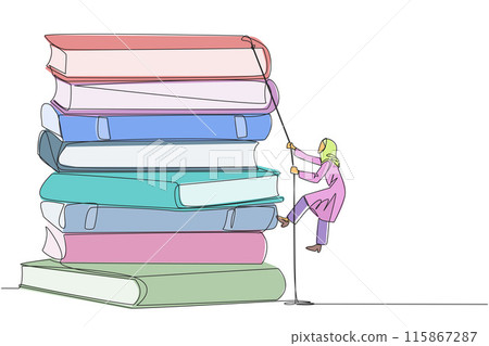 Single continuous line drawing Arab businesswoman climbs a pile of books with a rope. Try hard to gain new knowledge for the smooth running of business. Work hard. One line design vector illustration Single continuous line drawing Arab businesswoman climbs a pile of books with a rope. Try hard to gain new knowledge for the smooth running of business. Work hard. One line design vector illustration 115867287