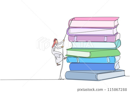 Single one line drawing Arab businessman climbing a pile of books with a rope. Try hard to gain new knowledge for the smooth running of business. Satisfied. Continuous line design graphic illustration 115867288