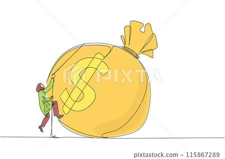 Single one line drawing Arabian businesswoman climbs money bag with rope. Work harder to get very large retirement fund. Bring out abilities to the maximum. Continuous line design graphic illustration Single one line drawing Arabian businesswoman climbs money bag with rope. Work harder to get very large retirement fund. Bring out abilities to the maximum. Continuous line design graphic illustration 115867289
