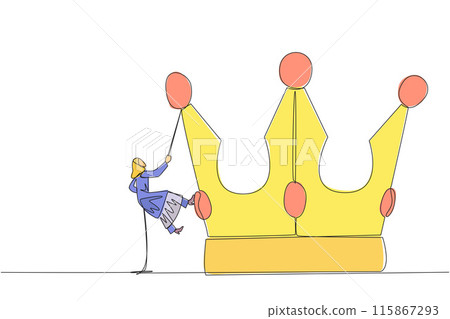 Single continuous line drawing Arabian businesswoman climbs the crown with rope. Prepare for better life by working hard to achieve highest position. Hard worker. One line design vector illustration Single continuous line drawing Arabian businesswoman climbs the crown with rope. Prepare for better life by working hard to achieve highest position. Hard worker. One line design vector illustration 115867293