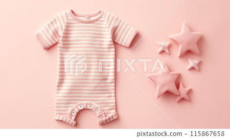 A pink and white striped baby onesie is laid out on a pastel pink background A pink and white striped baby onesie is laid out on a pastel pink background 115867658