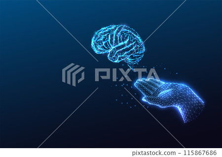 AI Power and human intelligence futuristic conceptual image with hand releasing brain on dark blue  115867686