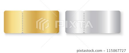 VIP silver and gold ticket mockups. Raffle, win lotto, exclusive offer, jackpot lottery shining metallic surface. Cards for entrance or seating in luxury style. Vector realistic illustration 115867727