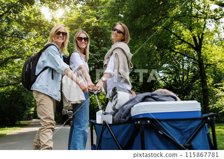 Three young adult beautiful woman girls friends enjoy have fun walking picnic party city park pulling folding cart food drink equipment sunny day. Female person friendship summer outdoors celebration 115867781