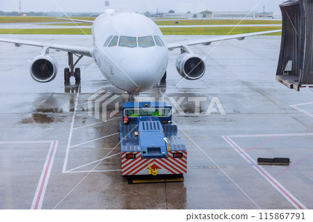 During rain, preparation for departure airplane is rolled out from terminal gate ready for takeoff During rain, preparation for departure airplane is rolled out from terminal gate ready for takeoff 115867791
