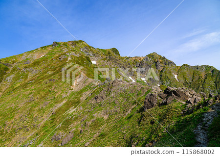 Climbers climbing the steep slope of the Nishikuro Ridge of Mount Tanigawa in early summer in Gunma Prefecture Climbers climbing the steep slope of the Nishikuro Ridge of Mount Tanigawa in early summer in Gunma Prefecture 115868002