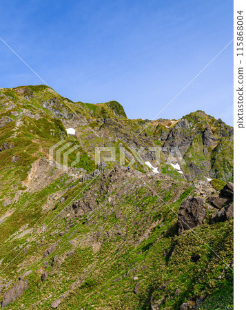 Climbers climbing the steep slope of the Nishikuro Ridge of Mount Tanigawa in early summer in Gunma Prefecture Climbers climbing the steep slope of the Nishikuro Ridge of Mount Tanigawa in early summer in Gunma Prefecture 115868004