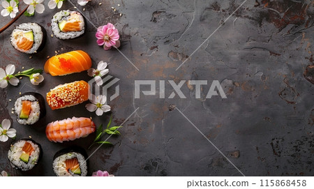 An assortment of sushi pieces garnished with white and pink flowers 115868458