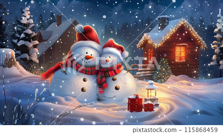 A cozy winter scene with two hugging snowmen in front of a warmly lit cabin 115868459