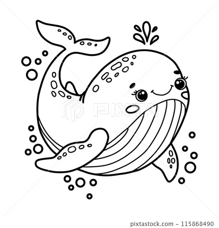 Cute cartoon whale with bubbles. Children's coloring book. Black and white outline vector Illustration  115868490