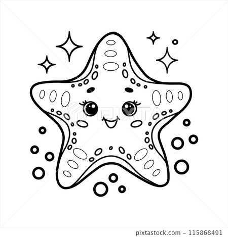 Cute cartoon starfish with bubbles. Black and white outline vector Illustration. Children's coloring book 115868491