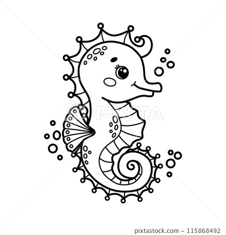 Cute cartoon seahorse with bubbles. Vector outline Illustration perfect for children's coloring books 115868492
