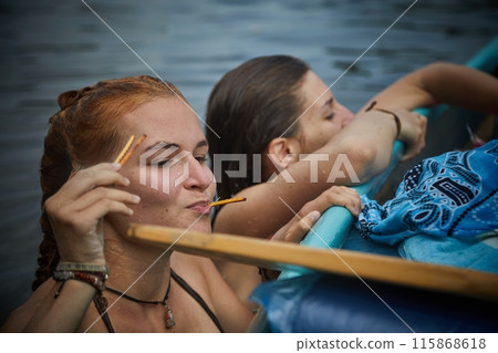 Canoe tour river swim and snack in summer Canoe tour river swim and snack in summer 115868618
