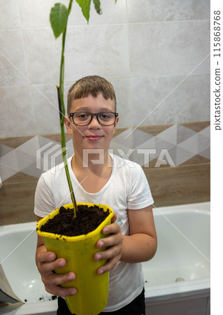 A boy holds a potted plant in a yellow pot in a bathroom 115868768