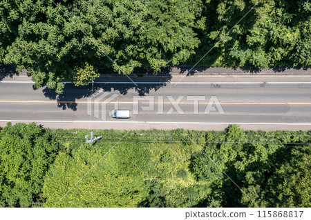 Drone shot: Aerial view of a road surrounded by trees with cars driving on it Drone shot: Aerial view of a road surrounded by trees with cars driving on it 115868817