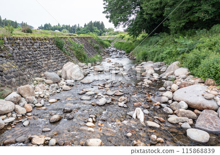 Drone photography: River scenery at dusk in summer Drone photography: River scenery at dusk in summer 115868839