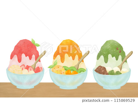 Watercolor illustration of shaved ice lined up on a table Watercolor illustration of shaved ice lined up on a table 115869529