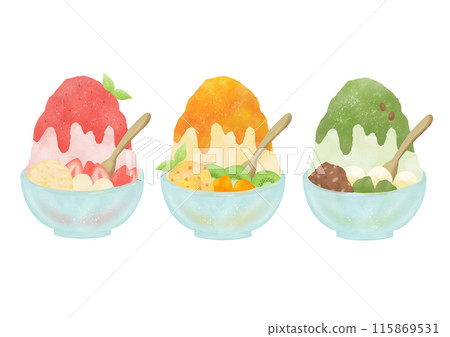 Watercolor illustration of three delicious types of shaved ice Watercolor illustration of three delicious types of shaved ice 115869531